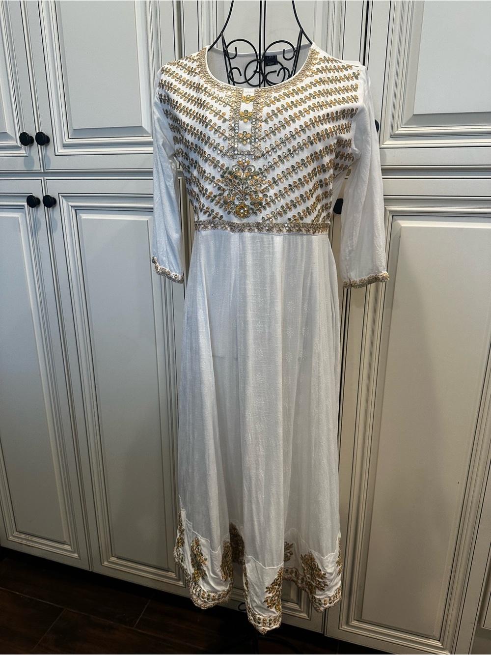 White & Gold Embellished Women's Dress